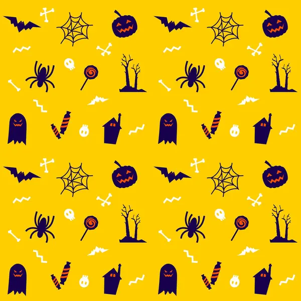 Kusursuz Şablon vektörü Mutlu Cadılar Bayramı. Kabaklar, yarasalar, örümcekler, sarı arkaplanda şekerler