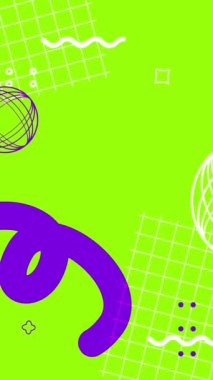 Soyut Memphis video geçmişi. Yeşil arka planda canlı neon hatlar ve ızgaralar. 4K çözünürlük portresi 3840x2160