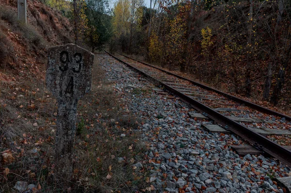 Ferrovia Outono Rails Com Furos Dormentes Madeira Velhos Pedras Coloridas — Fotografia de Stock