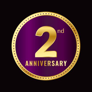 Siyah Arkaplanda İkinci Yıldönümü Altın ve Mor Renkli Zarif Arkaplan İzole Edilmiş Vektör