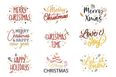 Mutlu Noeller Dilek Mektupları Rozetleri. Noel ve Mutlu Yıllar Typography Set Düz Vektörü