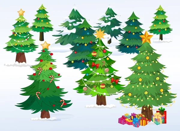 Sfondo Natalizio Con Alberi Natale Decorati Neve Vettore Regali Illustrazioni Stock Royalty Free