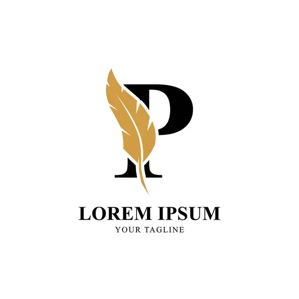 P harfinin düz logosu tüy silueti ile birleştirilmiş. Zarif Monogram Vektör Logosu Tasarımı.
