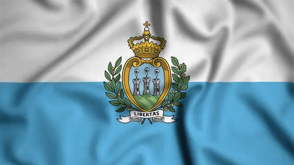 San Marino bayrağı rüzgarda sallanıyor. Resim, ipek.