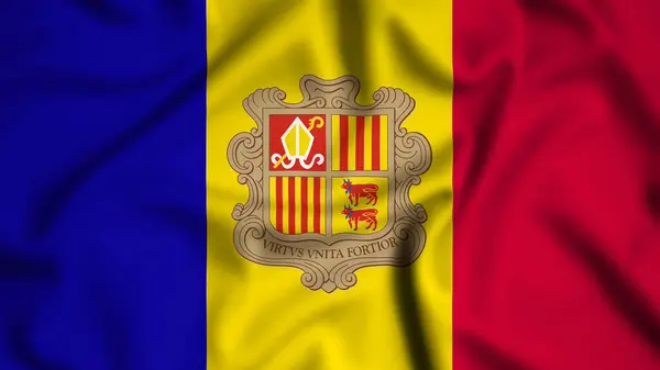 Rüzgarın arka planında dalgalanan Andorra bayrağı, ipek