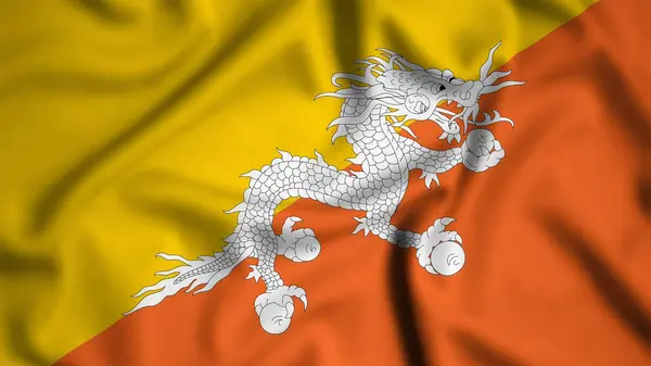 Bhutan bayrağı rüzgarın arka planında sallanıyor resim, ipek