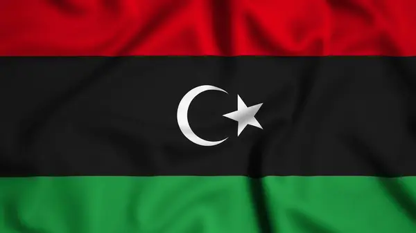 Arka planda Libya bayrağı dalgalanıyor. Resim, ipek
