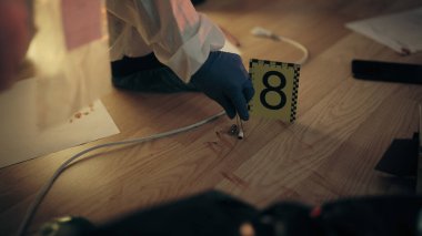 Bir adli tıp uzmanı fotoğraf çektikten sonra plastik torbaya kanıt topluyor.
