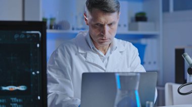 Laptop üzerinde çalışan laboratuvar teknisyeni bilimsel deney sonuçlarını belgeliyor.