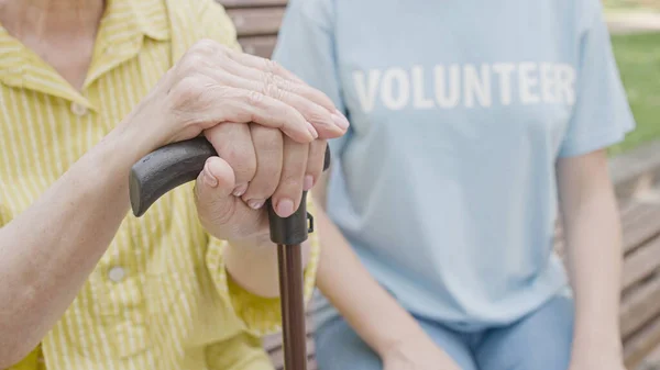 Female volunteer talking to woman with disability, working in a nursing home