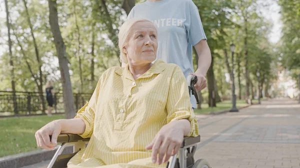 Pensive senior woman wheelchair user taking a walk with social care worker in a park