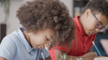 Akıllı okul çocukları not defterlerine yazıyorlar, kız ve erkek kardeşler evde okuyor.