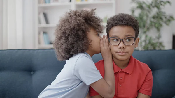 Little Black Girl Whispering Secret Brother Eyeglasses Siblings Gossiping Stock Image
