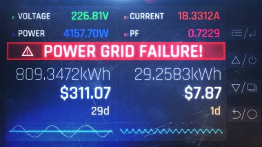 Elektrik sayacındaki elektrik kesintisi uyarı mesajı, elektrik kesintisi, çökme. Elektrik santrali arızası, büyük kesintiler, fırtına.