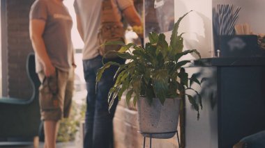 Kahve dükkanında iki erkek ziyaretçi, sipariş vermeye hazır.