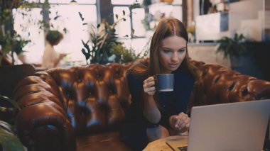 Dizüstü bilgisayarda çalışan ve kafeteryada kahve içen genç bir kadın.