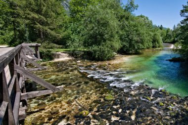 Ukanc 'taki köprüden Sava Bohinjka nehri. Slovenya 'daki Triglav Ulusal Parkı' nda Bohinj Gölü 'nün haracı. Kesinlikle saf dağ suyu. Güzel renkli..