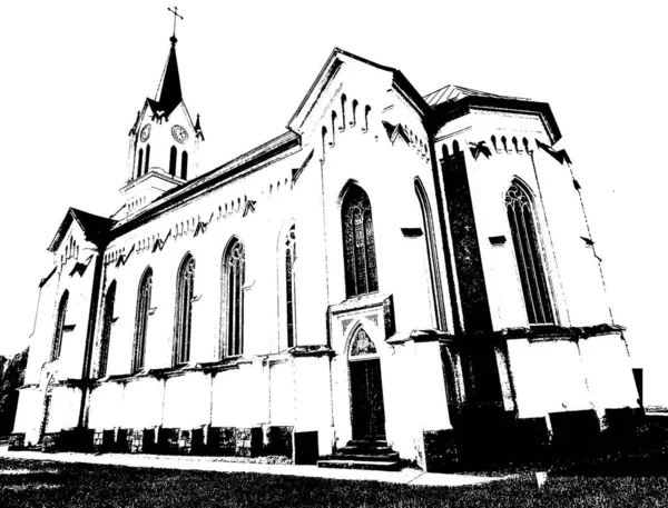 古老的哥特式恐怖教堂 乡下有钟楼 传统的切赫建筑教堂 黑白涂鸦风格的插图 基于Vidce村的教堂 — 图库照片