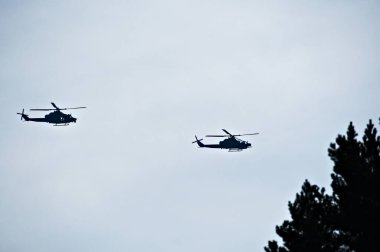 Çek askeri helikopterleri ormanın üzerinde uçuyor. İki farklı uçak türü hava gösterisinden ayrılıyor..