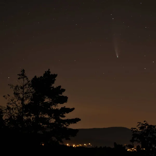 Kuyruklu yıldız Neowise ve gece gökyüzünde yıldızlar. Gece manzarası fotoğrafçılığı.