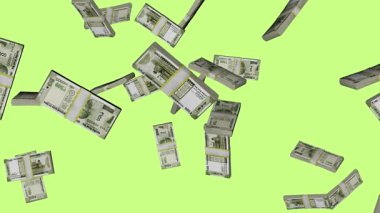 Hint 500 rupi Yığını Düşen Para Notları Yavaş Çekimde Yeşil Ekran Arkaplan 3D Görüntü