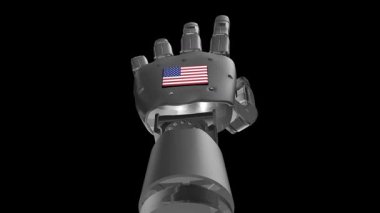 A silver robotic hand raising upward with an American flag patch on the arm, symbolizing U.S. technology and innovation