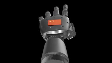 A futuristic robotic hand with the Chinese flag displayed on its surface, symbolizing Chinas technology and AI innovation.