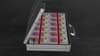 Angled view of a metallic briefcase packed with 100 Argentine peso banknotes. Symbolizes large cash reserves, finance, black money, or underground economic activity.