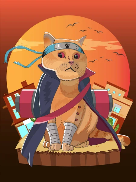 Shinobi Cat Ninja Samurai Katana — Vettoriale Stock
