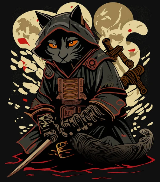 Japanese Cat Warrior Samurai Vector Illustration — Stock Vector