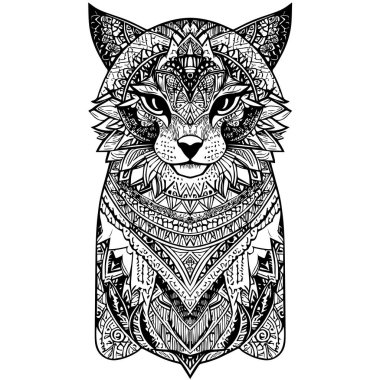 Etnik karalama desenli el çizimi vektör kedi, silüet. Boyama kitabı, dövme, poster, baskı, tişört için siyah ve beyaz zentangle sanatı.