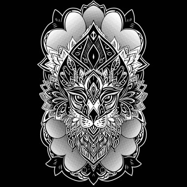 Aslan, Banner, Kurukafa ve Çiçeklerin el çizimi. Etnik karalama desenli el çizimi vektör, siluet. Boyama kitabı, dövme, poster, baskı için siyah-beyaz zentangle sanatı