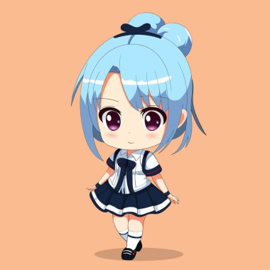 Şirin kız öğrenci üniforması gülümsüyor ve okula geri dönüyor. çizgi film illüstrasyonu