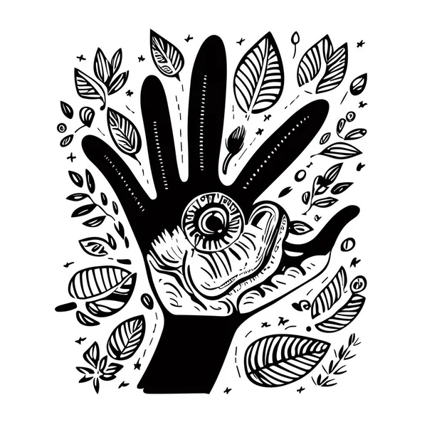 Sketch Sign Hand Five Fingers Open Palm Showing Number Five — Stock Vector