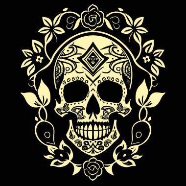 Kafatası ve Gül desenli dövme tişörtü tasarımı. Vektör illüstrasyonu