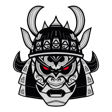 Oni Maskeli Dövme tişörtü. Samuray savaşçısı esport maskot logosu tasarımı. Vektör İllüstrasyonu