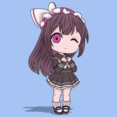 Chibi Girl with Purple Eyes and Big Ribbon clipart