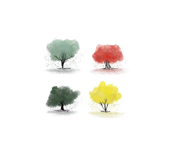 美丽的树在春天落叶 在雨季再生 神奇的树绘画 卡通自然图标集 活的水彩树 — 图库照片