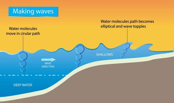 物理学的例子 海浪在海岸上的碰撞 风被转移到水 风力越强 它吹的时间越长 它在水面上的面积就越大 — 图库矢量图片