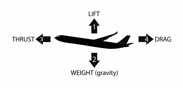 stock vector illustration of physics, aircraft in straight and level flight is acted upon by four forces, lift, gravity, thrust and drag, wind flow and have specially designed wings that create lift