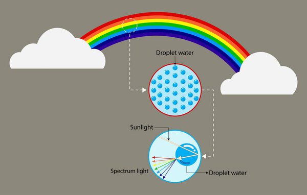 иллюстрация физики, Солнечный свет попадает в капли воды, создавая радугу после дождя, диффузия света Распределение белого света в цвет капель воды, видимый спектр света