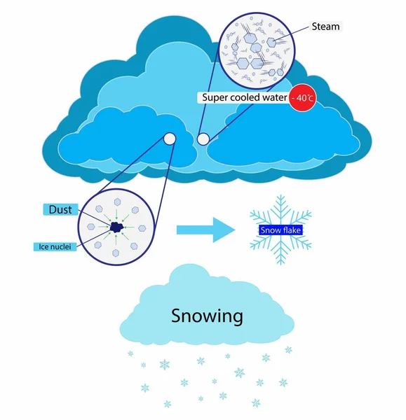 Απεικόνιση Της Φυσικής Χιονόπτωση Στην Ατμόσφαιρα Χιόνι Μορφές Όταν Ατμοσφαιρική — Διανυσματικό Αρχείο