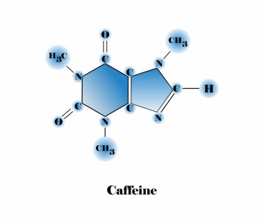 Biyoloji ve kimyanın çizimi, kafein molekülü, kafeinin kimyasal formülü, kafein molekülü kimyasal yapısı, kahve içilmesi