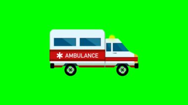 Ambulans acil durum otomobili, acil yardım arabası, ambulans tıbbi servis aracı, renkli ambulans arabası sürüşü, düz çizgi film sağlık aracı sağlık aracı yan görüntüsü, yeşil ekran arka plan