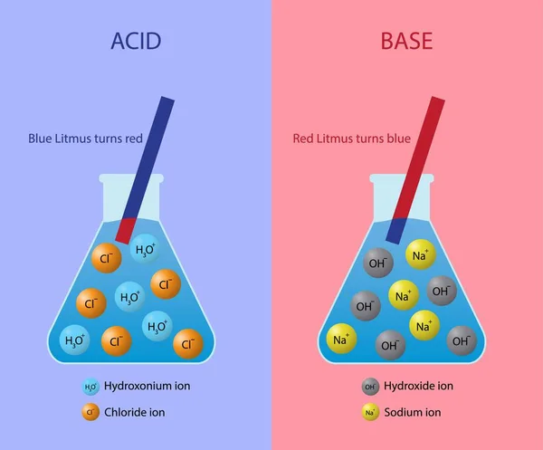 化学のイラスト 酸と塩基の化学的な違いは酸が水素イオンを生成し 塩基が水素イオンを受け入れるということです 塩基は酸を中和する物質です — ストックベクタ