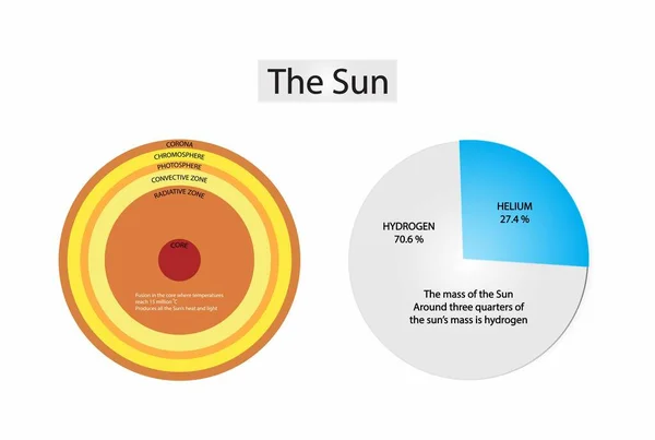 太阳是太阳系中心的恒星 是恒星中的分子 太阳质量大约是太阳质量的四分之三是氢气 — 图库矢量图片#