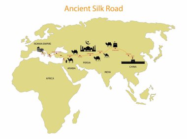 Tarihin ve ticaretin illüstrasyonu, Antik İpek Yolu, Çin ile ipek ticareti, İpek Yolu Çin ve Uzak Doğu 'yu Orta Doğu ve Avrupa' ya bağlayan bir ticaret yolu ağı idi.