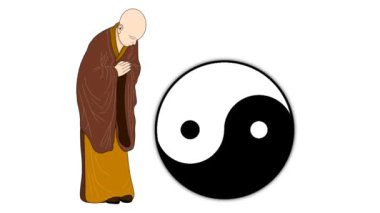 Zen keşişi, Zen keşişi ayakta durup meditasyon yapan keşişler, dua ve tefekkür yapan keşişler, bir manastırın avlusunda bir keşiş, Tao 'dan Yin Yang.