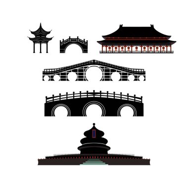 Çin tapınakları, kapılar ve geleneksel binalar, Pagoda ikonları seti, Asya tapınağı, Çatı Japonları, Asya evleri.