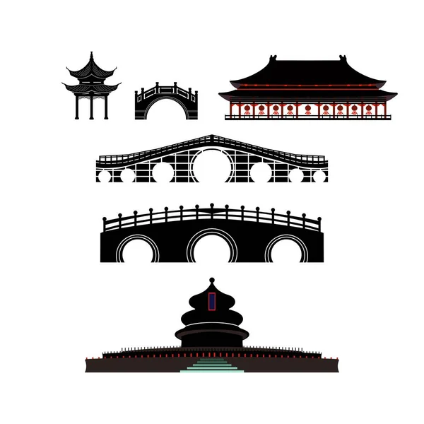 Conjunto Templos Chineses Portões Edifícios Tradicionais Conjunto Ícones Pagoda Templo — Fotografia de Stock